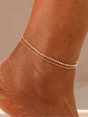 Gold Double Strand Anklet with Clear Stones